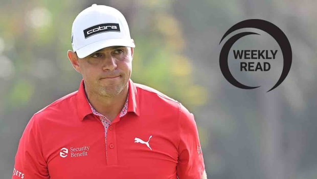 Gary Woodland acknowledges the crowd in the second round of the 2024 Genesis Invitational at Riviera Country Club in Pacific Palisades, Calif., along with the SI Golf Weekly Read logo.